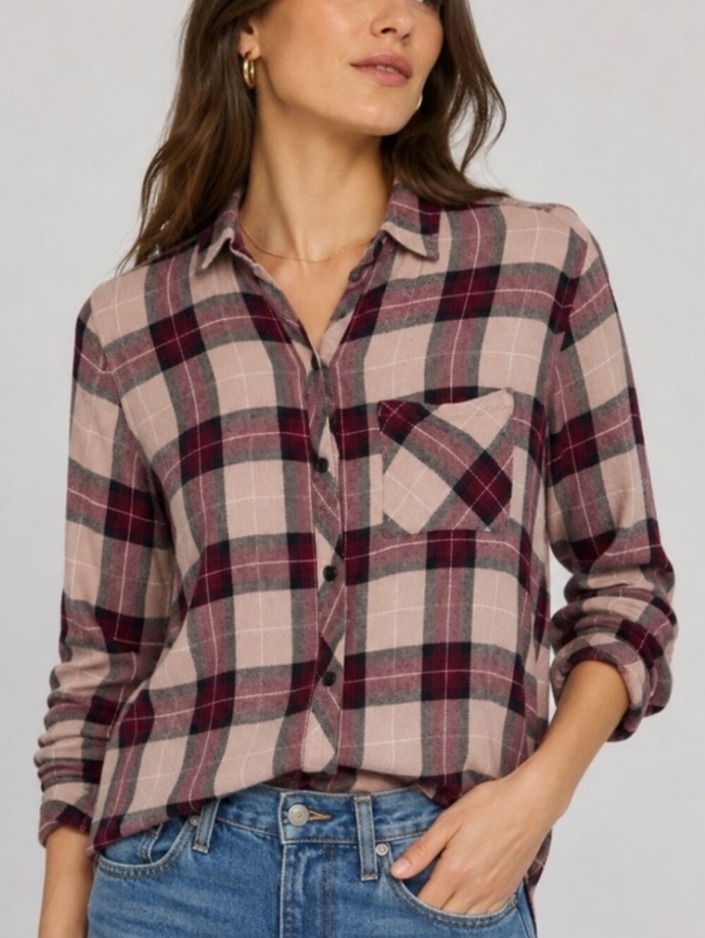 Rails Pink and Burgundy Plaid Button-Down Shirt Size XS